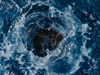 Close-up view of a dark swirling water vortex with surrounding bubbles and ripples. - obrazy, fototapety, plakaty