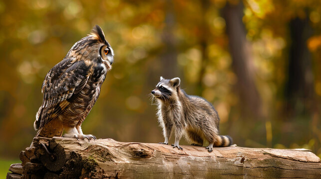a dialogue between a wise old owl and a curious young raccoon who wants to know the meaning of life. High detailed and high resolution smooth and high quality photo professional photography