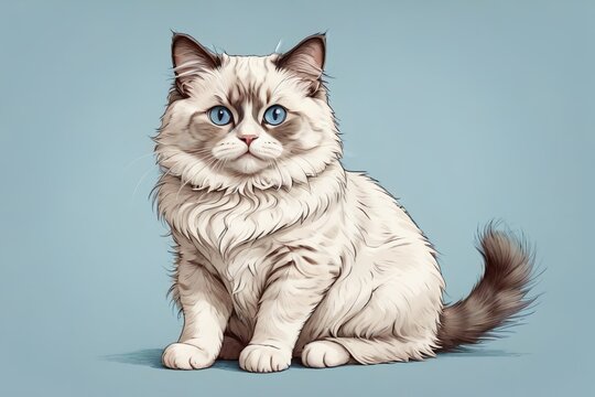 contour drawing small fat cartoon Ragdoll kitten isolated on an light blue background