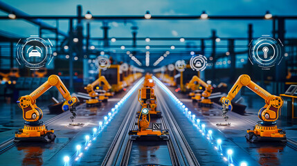 Fototapeta premium Industrial Manufacturing with Robotic Automation, Modern Factory Line and Machinery, Concept of Advanced Production Technology