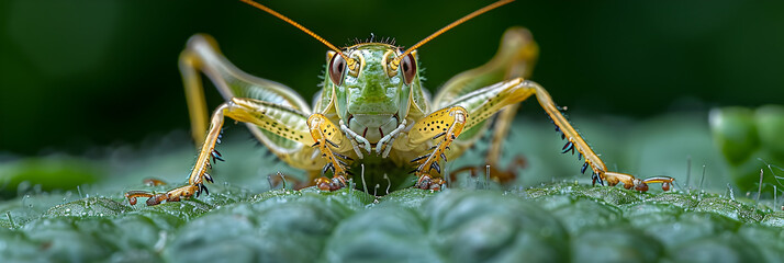Close-Up of a grasshopper with Front Legs Together, A grasshopper sits on a green carpet.