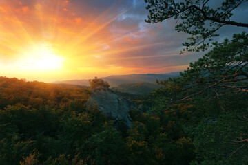 famous Dovbush rocks, wonderful autumn sunrise image in mountains, autumn morning dawn, nature colorful background, Carpathians mountains, Ukraine, Europe	