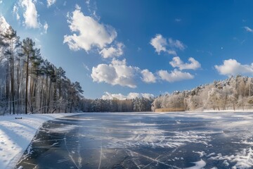 Frozen ice lake in winter in a park in the forest in sunny weather a panoramic view with a blue sky and white clouds.