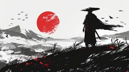 Straw Hat Ronin. Minimalist Landscape Silhouette with Mountains, Black and White Composition, and a Red Brush Stroke Sun.