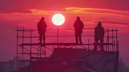Fototapeta premium Engineering Success: Construction Team and Engineers Working Together at Sunset, Building the Future