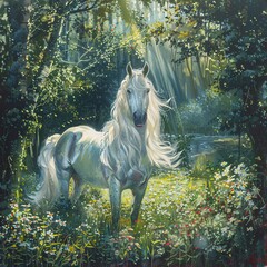 Ethereal Equestrian A White Horse in a Forest Generative AI