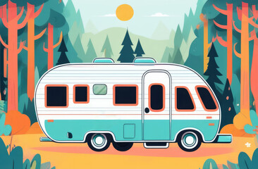 vacation in wild nature, flat illustration. motorhome parked in forest among trees.