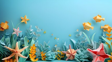 Vibrant Underwater Origami Art with Colorful Fish and Seaweed, To add a touch of artistic flair and underwater beauty to any space or design project