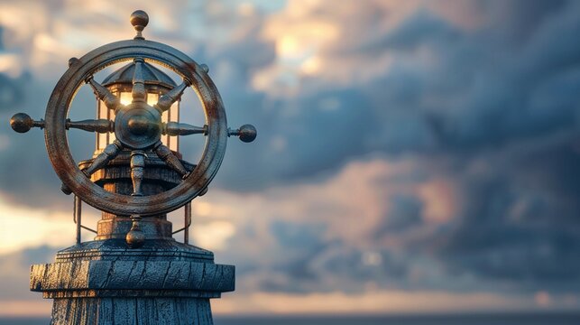 Dharmachakra in focus atop an old lighthouse