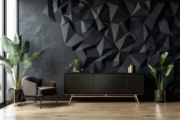 Interior with a beautiful black wall with 3D abstract pattern of polygons and furniture with golden fittings.