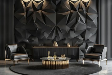 Interior with a beautiful black wall with 3D abstract pattern of polygons and furniture with golden fittings.