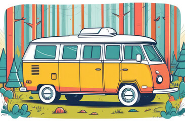 vacation in wild nature, flat illustration of orange camper van parked in forest.