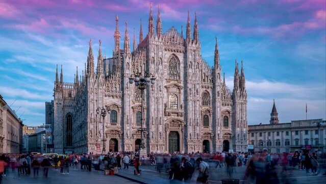 Milan Cathedral Hyperlapse Time lapse. People walking on Square Piazza Duomo di Milano and Gallery Vittorio Emanuele II, during the fashion week timelapse city.