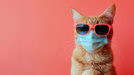Closeup portrait of ginger cat wearing sunglasses and protective medical mask on Coral color...