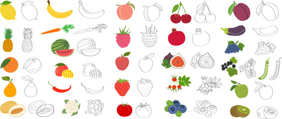 Set of fruits, vegetables and berries with vitamin C - flat vector illustration. Cartoon template for children's educational coloring books and packaging for juices and diet food. - obrazy, fototapety, plakaty