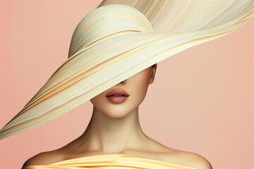 Elegant minimalistic glam shot of a lady with big hat. Face is only partially visible. Natural makeup.