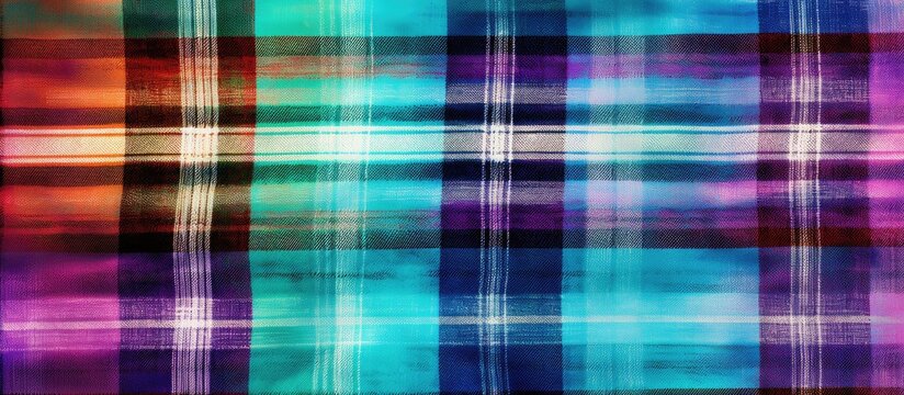 A vibrant plaid pattern featuring a mix of colors such as magenta, purple, and electric blue. The design is symmetrical with blurred lines, creating a colorful and dynamic textile
