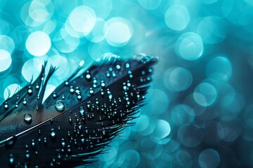 Silhouette of black bird feather with water drops on a blue turquoise background with beautiful lighting. Elegant bright and expressive artistic image.