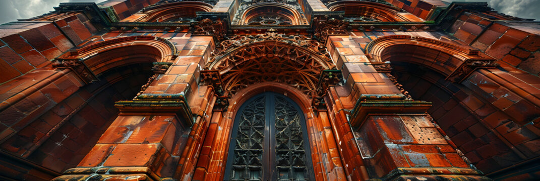 Exterior of St. Magnus Cathedral ornate red sands ,
Majestic Gothic chapel with stained glass windows