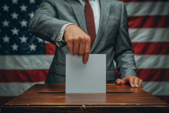 Hand putting a ballot in election box with an American flag in the background