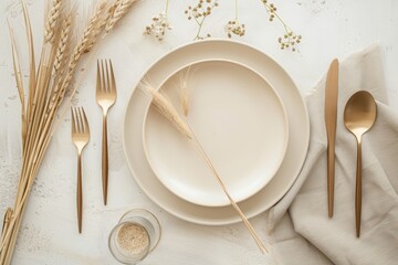 top view mockup table setting with ceramic plates and cutlery on a beige background, with a minimalist composition featuring wheat ears and golden elements in soft pastel colors lit by natural light