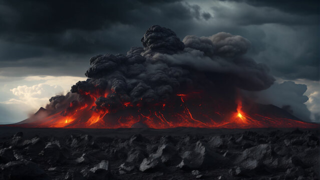 Errupting Vulcano with lava and huge smoke clouds. Highly detailed and ralistic