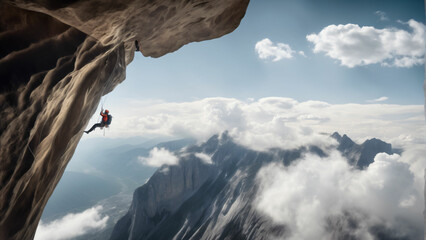 Alpinist solo climber on a huge cliff with clouds below him. Highly detailed and realistic - obrazy, fototapety, plakaty