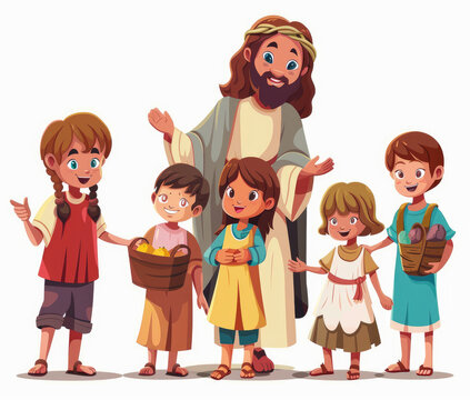 Jesus with children cartoon vector, clip art style isolated on a white background