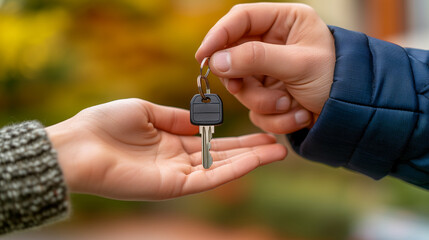 Two hands exchanging a house key with a blurred natural background