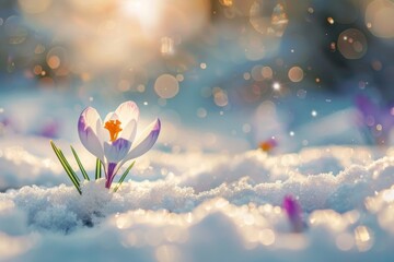 The first spring forest flower crocus in the snow and sunlight with beautiful bokeh. Beautiful spring natural background.