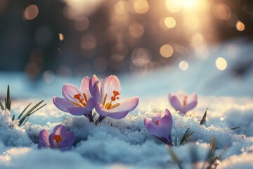 The first spring forest flower crocus in the snow and sunlight with beautiful bokeh. Beautiful...