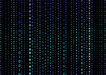 Colorful glowing binary numbers zero and one in different sizes and densities in columns on computer screen with black background. Illustration made March 13th, 2024, Zurich, Switzerland.