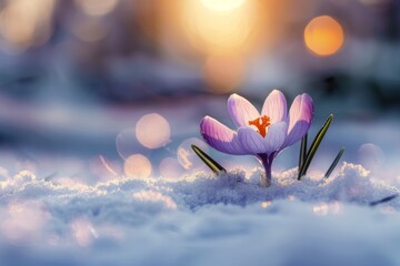 The first spring forest flower crocus in the snow and sunlight with beautiful bokeh. Beautiful spring natural background. - obrazy, fototapety, plakaty
