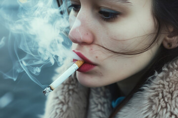 Close up young woman smoking cigarette, Female teen exhales cigarette smoke, Nicotine addiction