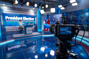 Political show in television studio. Debates during the presidential election on TV