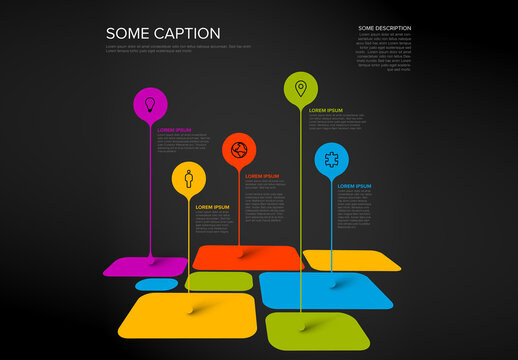 Multipurpose dark Infographic template with rounded square blocks and droplets pointers