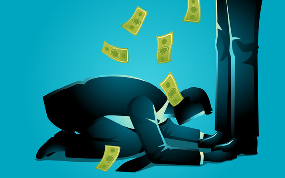 Businessmen bow down and bootlicking the feet of powerful man who shower him with money. Represents themes of compliance and financial dependency, conveying dynamics of power and influence