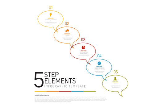 Five simple colorful steps in speech bubbles diagonal process infographic template