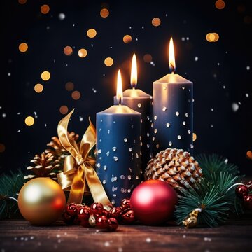 An image of candles, bokeh, balls and stars celebration, happy Christmas day and black friday concept Generative AI