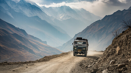 India off road in Himalayan mountains, Off-Roading Adventure in the Himalayas, A rugged 4x4 vehicle kicks up dust on a remote mountain road in the Himalayas © Dimitri