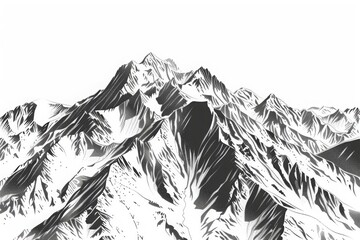 Black and white hand drawn pencil sketch of a mountain landscape with rocky peaks in a graphic style on a white background. silhouette concept