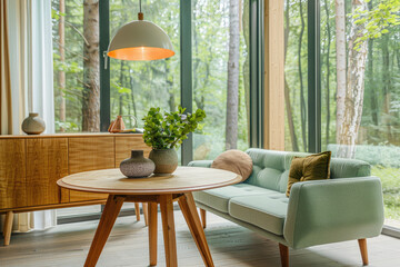 Modern dining room with a round wooden table, a mint green sofa and a cabinet against a forest landscape outside the window. Scandinavian home interior design of a modern living space