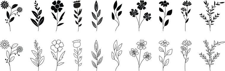 Set of Flowers icons. Garden plants signs. Beautiful symbols in flat styles editable stock on transparent background. Tiny Plant Clip Art Elegant Hand Drawn icons for wedding invitations and posters.