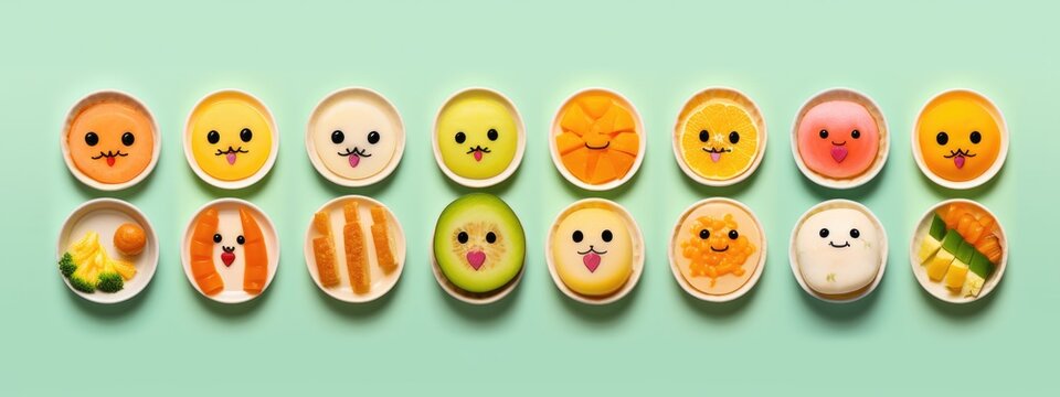 An image of different foods in plates isolated funny food for kids concept Generative AI