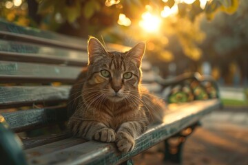 Very beautiful tabby cat with green eyes sitting at sunset on a bench under the trees in the summer or spring. Smart closer look, beautiful pose. - Powered by Adobe