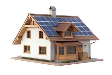 Model of house with photovoltaic panels on the roof isolated on transparent background. Living building with solar battery.