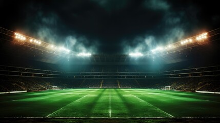 An image of green soccer field bright spotlights match ground Generative AI - obrazy, fototapety, plakaty