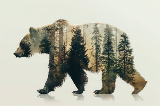 Bear silhouette featuring double exposure with forest trees. Animal in nature