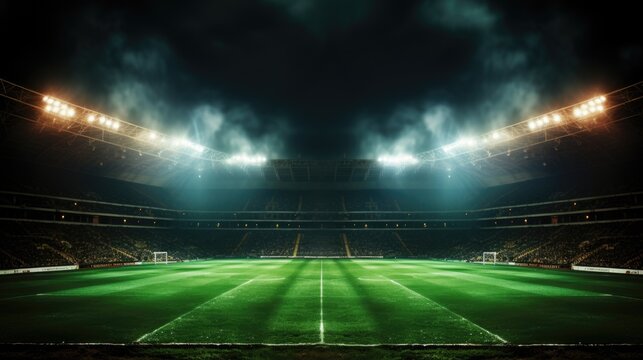 An image of green soccer field bright spotlights match ground Generative AI