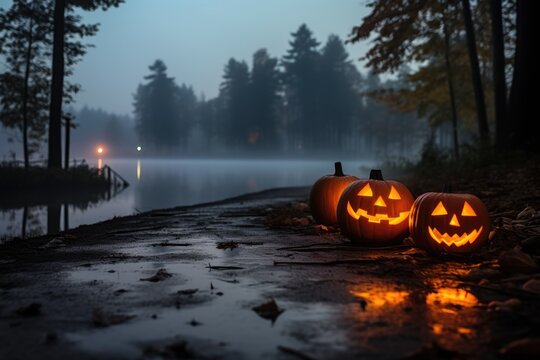 An image of halloween spooky pumpkin glowing in road and side lake fog Generative AI